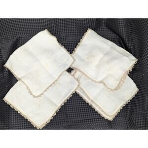ANTIQUE/VINTAGE FINE LINEN NAPKINS, HANKIES, CROCHETED EDGE, SET OF 4, GORGEOUS!
